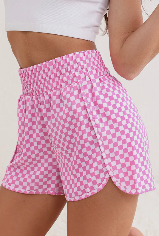 Pink Plaid High Waisted Athletic Shorts