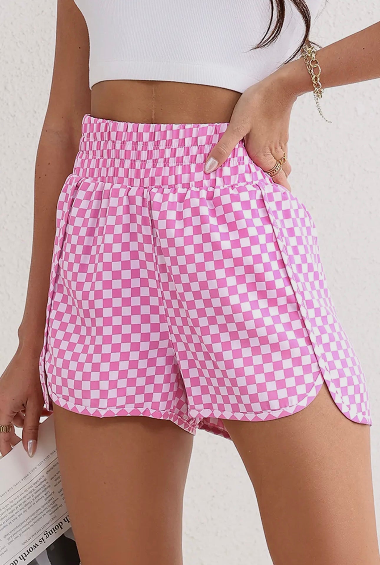 Pink Plaid High Waisted Athletic Shorts